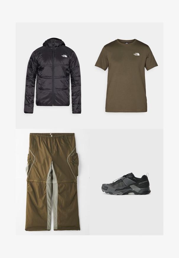 Mustat puffatakki, jossa on huppu, tikattu muotoilu, vetoketjusulku ja North Face -logo vasemmassa rinnassa. Valmistettu kevyestä, kiiltävästä materiaalista.; Oliivinvihreä puuvillapaita, jossa on lyhyet hihat, pyöreä kaula-aukko ja valkoinen logo vasemmassa rinnassa. Sileä kangas, normaali istuvuus.; Ruskeat kevyet housut, joissa on harmaat sivupaneelit, joustava vyötärö ja useita sivutaskuja. Kankaan pinta on teksturoitu ja siinä on hienovarainen kiilto.; Mustat maastohiihtokengät, joissa on kestävä verkkokansi, vahvistettu varvaskuppi, teksturoitu kumipohja ja joustava nauhajärjestelmä varman istuvuuden takaamiseksi.