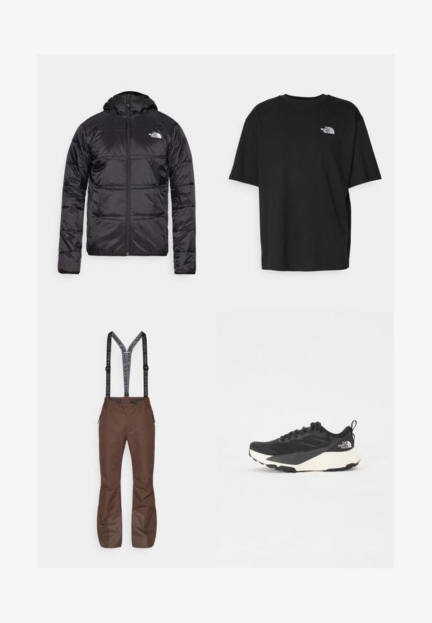 Doudoune noire avec capuche, design matelassé, fermeture éclair et logo The North Face sur la poitrine gauche. Fabriquée en matériau léger et brillant.; T-shirt en coton noir avec un col rond et des manches courtes. Présente un logo blanc sur la poitrine gauche. Coupe simple et décontractée.; Pantalon de ski marron avec bretelles ajustables noires et grises, poches zippées et sections inférieures renforcées pour la durabilité et la protection.; Chaussure de sport noire avec une tige en mesh texturé, accents noirs solides et semelle extérieure légère blanche. Dispose d'un système de laçage et d'une tirette.