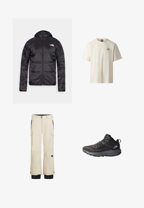 Schwarze Daunenjacke mit Kapuze, gestepptem Design, Reißverschluss und dem North Face-Logo auf der linken Brust. Hergestellt aus leichtem, glänzendem Material.; Off-White T-Shirt mit kurzen Ärmeln und Rundhalsausschnitt, mit kleinem dunklem "The North Face"-Logo auf der linken Brust.; Beige Cargo-Hosen mit einem schwarzen unteren Abschnitt, ausgestattet mit elastischen Bündchen, mehreren Taschen und einem Reißverschluss. Hergestellt aus strapazierfähigem, wasserabweisendem Material.; Schwarze Wanderschuhe mit einem strukturierten Obermaterial, verstärkter Zehenkappe und grauem Außensohlenmaterial. Verfügt über ein Schnürdesign und einen gepolsterten Knöchelkragen.