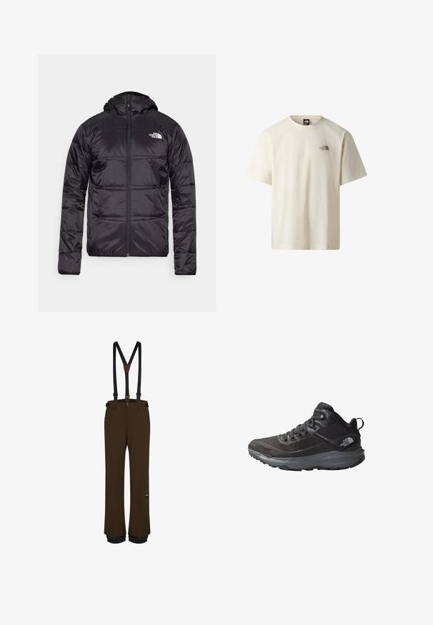 Czarna kurtka puchowa z kapturem, pikowana, z zamkiem błyskawicznym oraz logo The North Face na lewej piersi. Wykonana z lekkiego, błyszczącego materiału.; Jasnobiały T-shirt z krótkim rękawem i okrągłym dekoltem, z małym ciemnym logo "The North Face" po lewej stronie klatki piersiowej.; Brązowe spodnie snowboardowe z regulowanymi czarnymi szelkami, zamykanymi kieszeniami, wzmocnionymi nogawkami i naszywką z logo na udzie.; Czarne buty trekkingowe z fakturowaną cholewką, wzmocnionym noskiem i szarym outsolem. Charakteryzują się sznurowanym zapięciem i wyściełanym kołnierzem wokół kostki.
