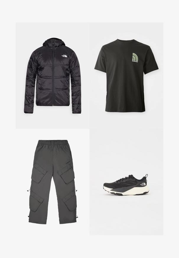 Čierna prešívaná bunda s kapucňou, s oceľovým zapínaním a logom North Face na ľavom prsníku. Vyrobená z ľahkého, lesklého materiálu.; Čierne tričko s krátkym rukávom a okrúhlym výstrihom, s malým zeleno-bielym logom v tvare štvrťkruhu a textom "The North Face" na ľavej hrudi.; Cargo nohavice v tmavosivej tkanine s elastickým pásom, viacerými cargo vreckami, šnúrkami na zaťahovanie a hladkou štruktúrou.; Čierna atletická obuv s textúrovaným sieťovinovým vrchom, pevným čiernym akcentom a bielou ľahkou podrážkou. Obsahuje šnurovací systém a pútko.