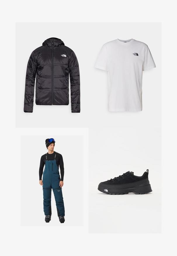 Zwarte pufferjack met een capuchon, gewatteerd ontwerp, ritsluiting en het North Face-logo op de linkerkant van de borst. Gemaakt van lichtgewicht, glanzend materiaal.; Witte katoenen T-shirt met ronde hals, korte mouwen en een klein zwart logo gedrukt op de linkerkant van de borst.; Geïsoleerde blauwe skibroeken met verstelbare schouderbanden, ritssluitingen en versterkte onderbenen voor duurzaamheid en bescherming.; Zwarte outdoor sneaker met een suede bovenkant, een gestructureerde rubberen zool en een stevig vetersysteem. Heeft een versterkte hiel en een merklogo aan de zijkant.