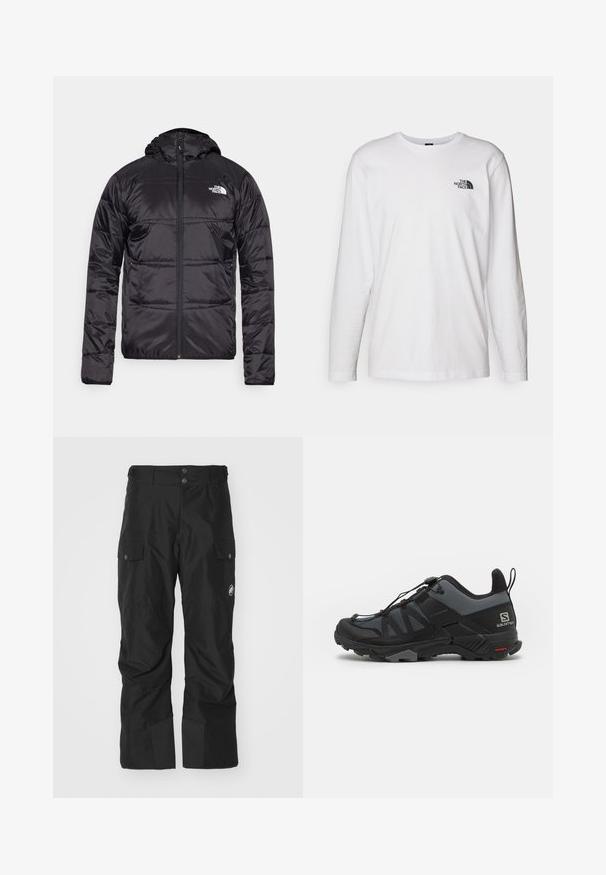 Czarna kurtka puchowa z kapturem, pikowana, z zamkiem błyskawicznym oraz logo The North Face na lewej piersi. Wykonana z lekkiego, błyszczącego materiału.; Biała koszulka z długim rękawem wykonana z bawełny, z okrągłym dekoltem. Posiada małe czarne logo na piersi. Gładka faktura, regularny krój.; Czarne spodnie cargo wykonane z materiału wodoodpornego, z dwoma kieszeniami bocznymi, wzmocnioną dolną częścią nogawki i zapięciem na guziki w pasie.; Salomon X ULTRA 4 czarny