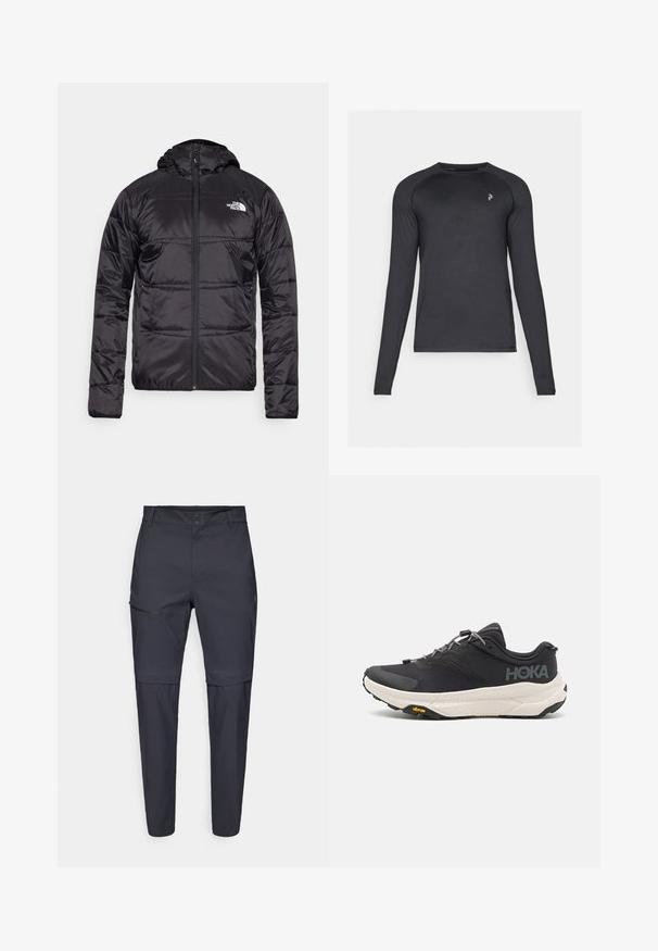 Casaco puffer preto com capuz, design acolchoado, encerramento com fecho zip e o logótipo da North Face no lado esquerdo do peito. Feito de material leve e brilhante.; Peak Performance SPIRIT CREW - Camisola de manga comprida - black; Calças leves, azul marinho, com um bolso com fecho no joelho e um design de perna reta; feitas de um tecido suave e durável.; Sapatilha atlética preta com parte superior texturizada, detalhes cinzentos, elementos refletivos e uma sola branca espessa com a marca Vibram.