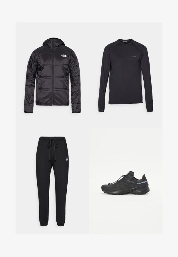 Chaqueta acolchada negra con capucha, diseño acolchado, cierre de cremallera y el logo de The North Face en el lado izquierdo del pecho. Fabricada con material ligero y brillante.; Camisa deportiva de manga larga negra de Salomon con cuello redondo y un sutil logotipo en el pecho y el puño izquierdo, presentada sobre un fondo blanco.; Pantalones de chándal negros con cordón elástico en los puños y pequeño logotipo gráfico blanco en el muslo izquierdo superior.; Zapatilla de trail running negra con parte superior texturizada, lazadas elásticas y suela Contagrip. Presenta un ajuste ceñido y una puntera protectora.