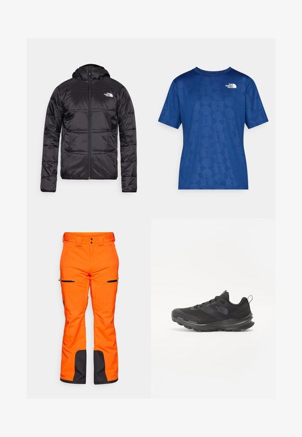 Casaco puffer preto com capuz, design acolchoado, encerramento com fecho zip e o logótipo da North Face no lado esquerdo do peito. Feito de material leve e brilhante.; Camisa azul de manga curta com um padrão geométrico texturizado e um logótipo branco no canto superior esquerdo. Feita de um material leve e respirável.; Calças de esqui laranja brilhante com detalhes pretos nas bainhas. Apresenta dois bolsos com fecho éclair nas coxas e uma cintura reforçada.; Sapatilha atlética preta com parte superior em malha, sola de borracha e colarinho almofadado. Apresenta atacadores, logótipo de lado e um design texturizado.
