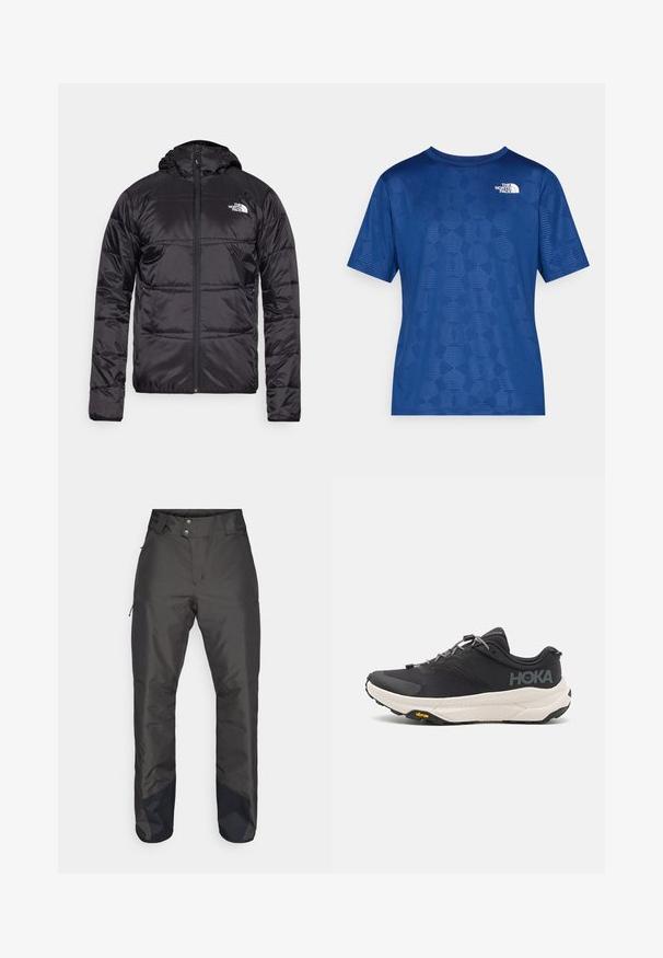 Μαύρο φουσκωτό μπουφάν με κουκούλα, με καπιτονέ σχέδιο, κλείσιμο με φερμουάρ και το λογότυπο της North Face στο αριστερό στήθος. Κατασκευασμένο από ελαφρύ, γυαλιστερό υλικό.; Μπλε κοντομάνικο πουκάμισο με υφαντή γεωμετρική σχέδιο και λευκό λογότυπο στο πάνω αριστερό μέρος. Κατασκευασμένο από ελαφρύ, αναπνεύσιμο υλικό.; Μαύρο παντελόνι χιονιού με λεία υφή, υψηλή μέση, δύο τσέπες και αντίθετα σκούρα πάνελ στα κάτω μέρη των ποδιών. Κλείνει με δύο κουμπιά.; Μαύρο αθλητικό παπούτσι με υφασμάτινη επιφάνεια, γκρίζες λεπτομέρειες, ανακλαστικά στοιχεία και παχύ λευκό πάτο με σήμα Vibram.