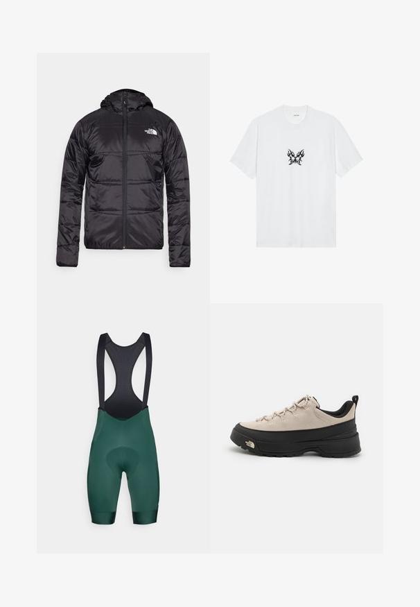 Melnā pūkšķu jaka ar kapuci, ar izšūtu dizainu, ar rāvējslēdzēja aizdari un North Face logotipu uz kreisā krūškurvja. Izgatavota no viegla, spīdīga materiāla.; Balta kokvilnas t-kreklis ar īsām piedurknēm un apaļu izgriezumu. Centrā ir melna uguns raksta tauriņa grafika. Gluda tekstūra.; Zaļie riteņbraukšanas bikses ar melniem siksnām, ar mīkstu chamois zonas un gludu tekstūru. Dizains ietver tīkla aizmuguri ventilācijai.; Gaišbrūns zamša pārgājienu apavi ar melnu gumijas zoli, teksturētiem akcentiem un atstarotājām šņorēm. Iekļauts cilpu elements ērtai uzvilkšanai.