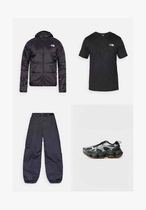 Black puffer jacket with a hood, quilted design, zipper closure, and the North Face logo on the left chest. Made from lightweight, shiny material.; Black short-sleeve t-shirt made of cotton, featuring a round neckline and a small white logo on the upper left chest area.; Dark gray cargo pants made of a soft, durable material. They feature a wide, loose fit, multiple pockets, and a waist belt for adjustment.; Black and grey athletic shoes with mesh upper, sculpted sole, and rubber outsole. Features a secure lace system and pull tab at the heel.