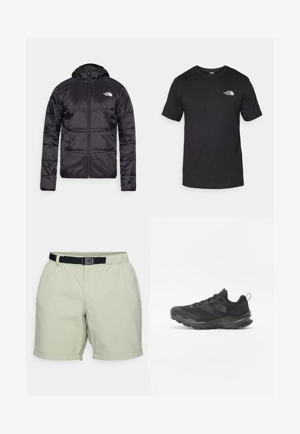 Fekete steppelt pehelykabát kapucnival, cipzáros záródással, a bal mellkason a North Face logóval. Könnyű, fényes anyagból készült.; Fekete rövidujjú pamut póló, kerek nyakkivágással, a bal felső mellkason egy kis fehér logóval.; Világoszöld sort könnyű anyagból, rugalmas derékkal, állítható fekete övvel és oldalsó zsebekkel.; Fekete sportcipő hálós felsőrésszel, gumitalppal és párnázott gallérral. Fűzős, oldalán logóval és textúrázott dizájnnal rendelkezik.