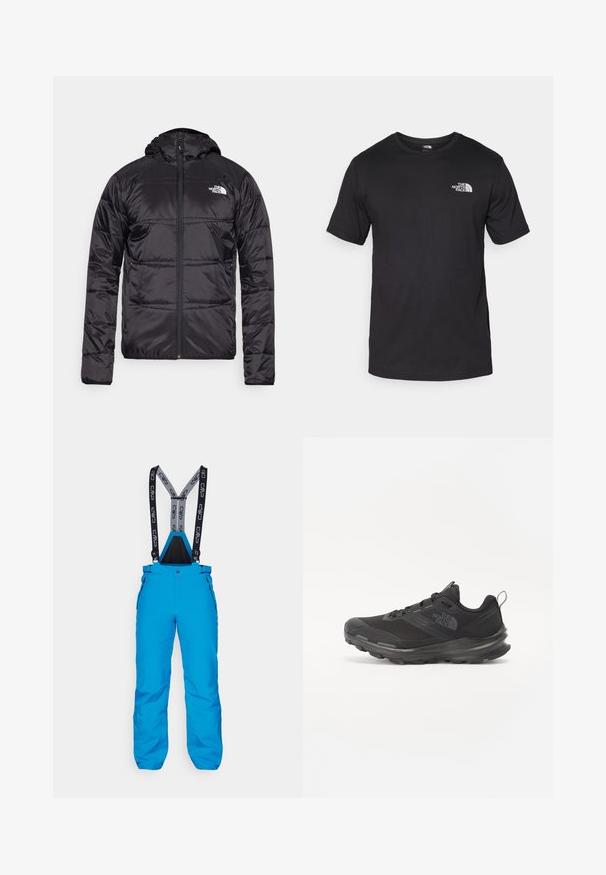 Schwarze Daunenjacke mit Kapuze, gestepptem Design, Reißverschluss und dem North Face-Logo auf der linken Brust. Hergestellt aus leichtem, glänzendem Material.; Schwarzes T-Shirt mit kurzen Ärmeln aus Baumwolle, mit einem runden Ausschnitt und einem kleinen weißen Logo auf der oberen linken Brust.; Blaue Skihosen mit verstellbaren schwarzen und grauen Trägern, seitlichen Reißverschlusstaschen und einem robusten, wasserdichten Material.; Schwarzer Sportschuh mit Mesh-Obermaterial, Gummisohle und gepolstertem Schaft. Verfügt über Schnürsenkel, Logo an der Seite und ein strukturiertes Design.