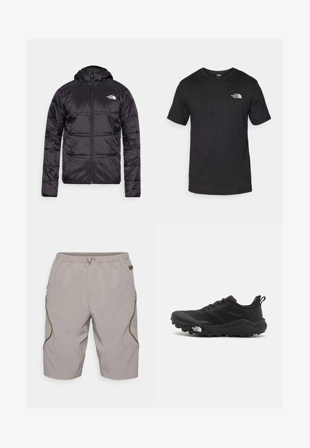 Giubbotto a vento nero con cappuccio, design trapuntato, chiusura con zip e logo The North Face sul lato sinistro del petto. Realizzato in materiale leggero e lucido.; T-shirt nera a maniche corte in cotone, con scollatura rotonda e un piccolo logo bianco nell'area superiore sinistra del petto.; Shorts beige con un motivo testurizzato, vita elasticizzata, cordoncino e dettagli laterali. Presentano pannelli in rete per una migliore traspirabilità.; Scarpa da trail running nera con tomaia texture, suola in gomma e punta rinforzata. Presenta un collare imbottito e un tassello per un indossamento facile.