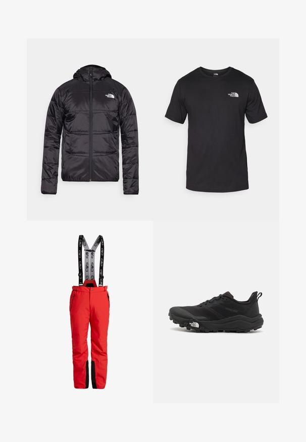 Fekete steppelt pehelykabát kapucnival, cipzáros záródással, a bal mellkason a North Face logóval. Könnyű, fényes anyagból készült.; Fekete rövidujjú pamut póló, kerek nyakkivágással, a bal felső mellkason egy kis fehér logóval.; Piros sínadrág állítható fekete felfüggesztőkkel, logóval. Zippzáros zsebekkel és fekete kiegészítőkkel a száraknál. Vízhatlan anyag.; Fekete terepfutó cipő, textúrált felső résszel, gumitalppal és megerősített lábujjrészével. Párnázott bokarésszel és húzófüllel rendelkezik a könnyű felhúzáshoz.