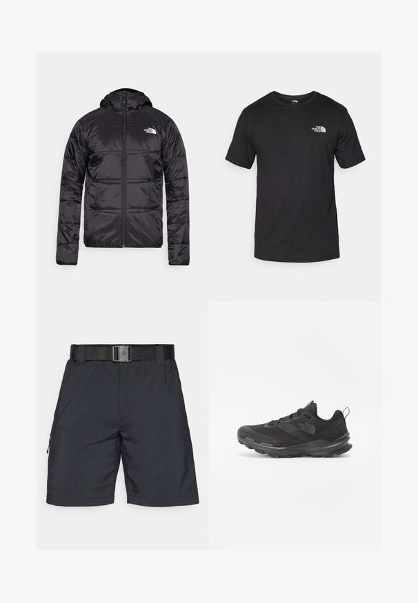 Juodas pūkinis švarkas su gobtuvu, siuvinėta konstrukcija, užtrauktuko uždarymas ir "The North Face" logotipas kairėje krūtinės pusėje. Pagamintas iš lengvos, blizgios medžiagos.; Juodas trumpas rankovės marškinėliai, pagaminti iš medvilnės, su apvaliu kaklu ir mažu baltu logotipu viršutiniame kairiajame krūtinės kampe.; Juodi šortai, pagaminti iš lengvos medžiagos, su tvirtu diržu ir šoniniu užtrauktuku, turintys tvarkingus siūlus ir laisvą siluetą.; Juodos sportinės bateliai su tinklelio viršumi, guminiais padu ir paminkštintu apykakle. Yra raišteliai, logotipas šone ir tekstūruotas dizainas.