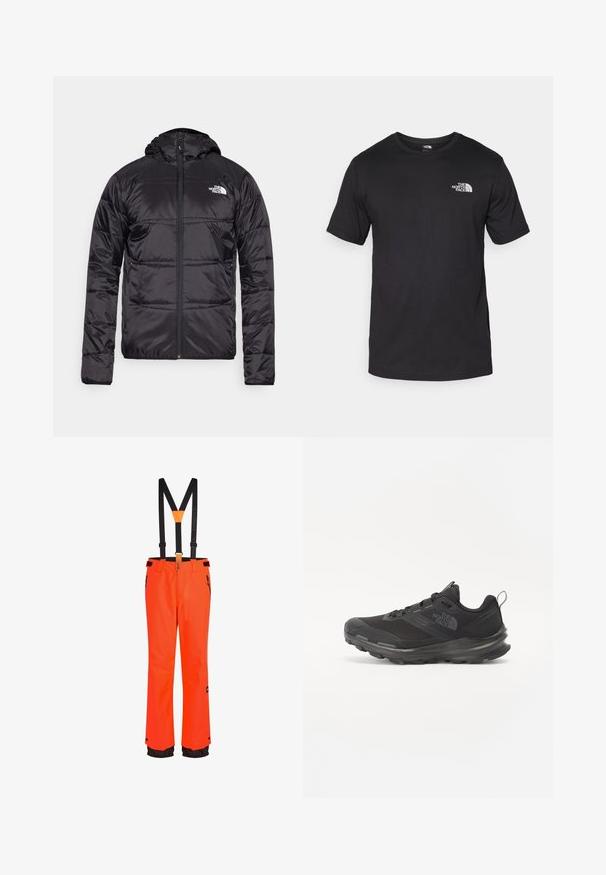 Juodas pūkinis švarkas su gobtuvu, siuvinėta konstrukcija, užtrauktuko uždarymas ir "The North Face" logotipas kairėje krūtinės pusėje. Pagamintas iš lengvos, blizgios medžiagos.; Juodas trumpas rankovės marškinėliai, pagaminti iš medvilnės, su apvaliu kaklu ir mažu baltu logotipu viršutiniame kairiajame krūtinės kampe.; Oranžinės vandeniui atsparios slidinėjimo kelnės su reguliuojamomis juodomis petnešomis, zipuoto tipo kišenėmis ir juodomis detalėmis apačioje. Tvirtas audinys, tiesios kojos fasonas.; Juodos sportinės bateliai su tinklelio viršumi, guminiais padu ir paminkštintu apykakle. Yra raišteliai, logotipas šone ir tekstūruotas dizainas.