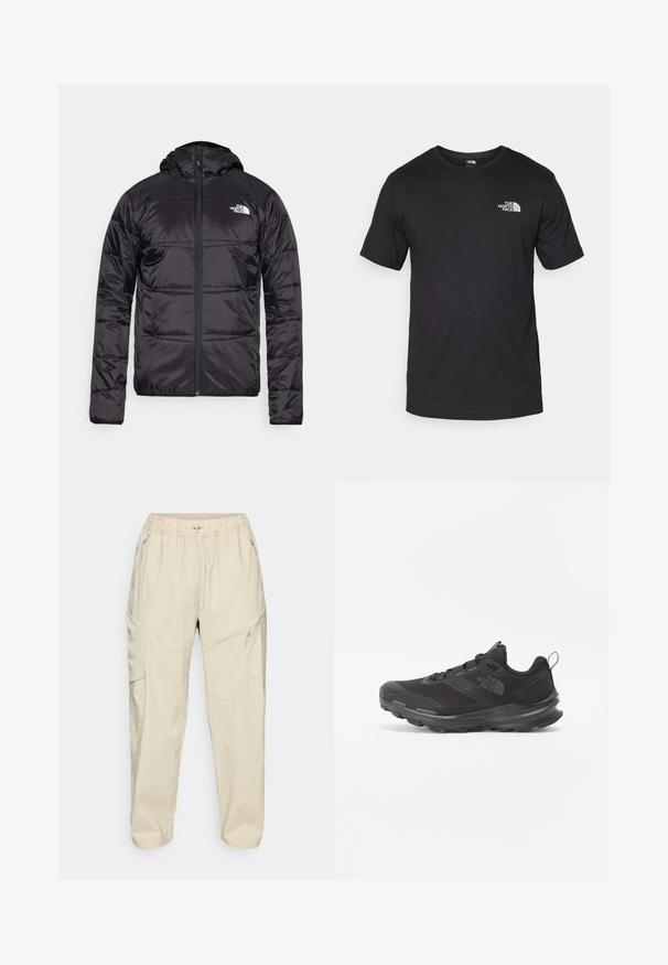 Black puffer jacket with a hood, quilted design, zipper closure, and the North Face logo on the left chest. Made from lightweight, shiny material.; Black short-sleeve t-shirt made of cotton, featuring a round neckline and a small white logo on the upper left chest area.; Beige lightweight cargo pants with an elastic waistband, zippered side pockets, and a tapered leg design for a relaxed fit.; Black athletic shoe with mesh upper, rubber outsole, and padded collar. Features laces, logo on the side, and a textured design.