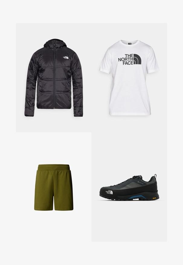 Chaqueta acolchada negra con capucha, diseño acolchado, cierre de cremallera y el logo de The North Face en el lado izquierdo del pecho. Fabricada con material ligero y brillante.; Camiseta de algodón blanca con estampado gráfico negro que incluye texto y un diseño de logotipo curvado. Cuello redondo y mangas cortas. Textura lisa.; Shorts de algodón suave en verde oliva, con cintura elástica, que ofrecen un corte relajado y sin bolsillos o adornos visibles.; The North Face VERTO ALPINE GORE TEX - Zapatillas de senderismo - asphalt grey/tnf black