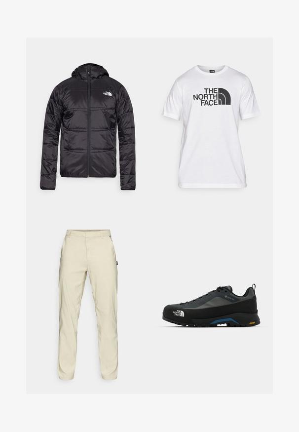 Crna zimska jakna s kapuljačom, kvačena dizajn, zatvaranje na zip, i logo North Face na lijevoj strani prsa. Napravljena od laganog, sjajnog materijala.; Bjela pamučna majica s crnim grafičkim printom koji uključuje tekst i zakrivljeni dizajn logotipa. Okrugli izrez i kratki rukavi. Jednostavna tekstura.; Oakley TERRAIN PANT - Hlače - silver sage/white; The North Face VERTO ALPINE GORE TEX - Obuća za pješačenje - asphalt grey/tnf black