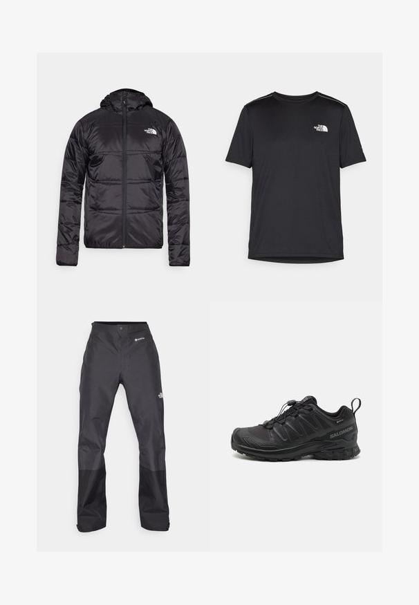 Črna puff jakna s kapuco, prešita zasnova, zadrga in logotip The North Face na levem prsnem delu. Narejena iz lahkega, sijočega materiala.; Črna kratkosleevena majica iz lahkotnega materiala. Ima majhen bel logo na levem prsnem delu in diskretne poudarke na ramenskem predelu.; Črne vodoodporne hlače z gladko teksturo, z logotipom GORE-TEX spredaj in okrepjenimi spodnjimi nogami za povečano vzdržljivost.; Črne športne čevlje z teksturiranim sintetičnim zgornjim delom, oblazinjenim podplatom in sistemom hitrega vezanja. Imajo ojačano konico in peto.