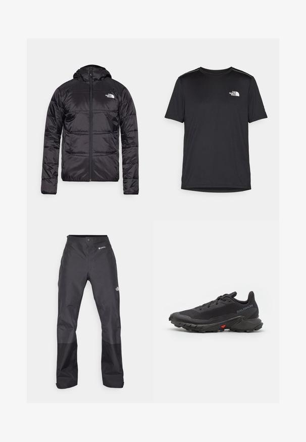 Juodas pūkinis švarkas su gobtuvu, siuvinėta konstrukcija, užtrauktuko uždarymas ir "The North Face" logotipas kairėje krūtinės pusėje. Pagamintas iš lengvos, blizgios medžiagos.; Juodas trumpas rankovės marškinėliai, pagaminti iš lengvos medžiagos. Yra mažas baltas logotipas kairiajame krūtinės pusėje ir subtilūs pečių akcentai.; Juodos vandeniui atsparios kelnės su lygiu paviršiumi, su GORE-TEX logotipu priekyje ir sustiprintomis apačiomis dėl ilgaamžiškumo.; Juodos bėgimo trail bateliai su kvėpuojančiu viršumi, tekstūruota medžiaga, raudona detalė ant padą ir agresyvi protektoriaus struktūra sukibimui.