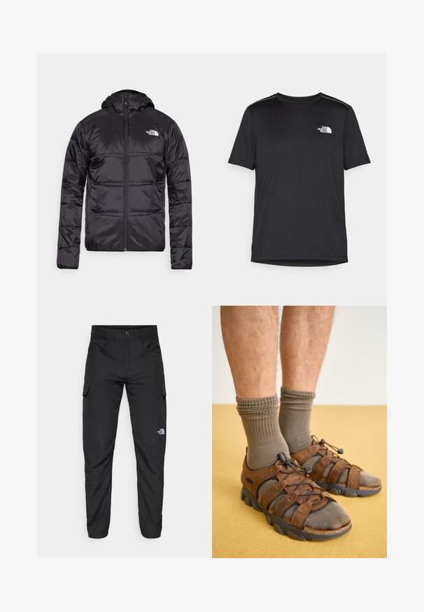 Μαύρο φουσκωτό μπουφάν με κουκούλα, με καπιτονέ σχέδιο, κλείσιμο με φερμουάρ και το λογότυπο της North Face στο αριστερό στήθος. Κατασκευασμένο από ελαφρύ, γυαλιστερό υλικό.; Μαύρο κοντομάνικο T-shirt φτιαγμένο από ελαφρύ ύφασμα. Έχει ένα μικρό λευκό λογότυπο στο αριστερό στήθος και διακριτικές λεπτομέρειες στους ώμους.; The North Face HORIZON PANT - Παντελόνι εξωτερικού χώρου - black; Καφέ και γκρι αθλητικά παπούτσια για εξωτερικούς χώρους με σύστημα ελαστικών κορδονιών, καουτσούκ σόλες και υλικά με υφή, φορεμένα με ελαιόχρωμα ριμπ κάλτσες.