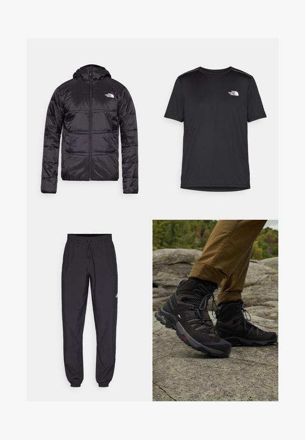 Melnā pūkšķu jaka ar kapuci, ar izšūtu dizainu, ar rāvējslēdzēja aizdari un North Face logotipu uz kreisā krūškurvja. Izgatavota no viegla, spīdīga materiāla.; Melnas īsām piedurknēm T-kreklas, izgatavots no viegla auduma. Uz kreisā krūtīm ir neliels balts logo un smalki plecu akcenti.; Melni sporta bikses, kas izgatavotas no viegla auduma, ar savelcamu jostu, sānu kabatām un sašaurinātiem apakšējiem galiem pie potītēm.; Melnas kāpšanas zābaki ar sietu un ādas virsu, izturīgu zoli, regulējamiem šņorēm un mīkstinātu apkaklīti, novietoti uz akmeņainas virsmas.