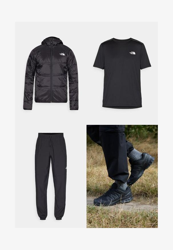 Doudoune noire avec capuche, design matelassé, fermeture éclair et logo The North Face sur la poitrine gauche. Fabriquée en matériau léger et brillant.; T-shirt noir à manches courtes en tissu léger. Présente un petit logo blanc sur la poitrine gauche et des accents subtils aux épaules.; Pantalon de sport noir en tissu léger, avec une taille à cordon, des poches latérales et des chevilles resserrées.; Baskets de sport noires avec une tige en maille texturée, semelle en caoutchouc et un système de laçage proéminent. Associées à des chaussettes en tricot grises et un pantalon noir.