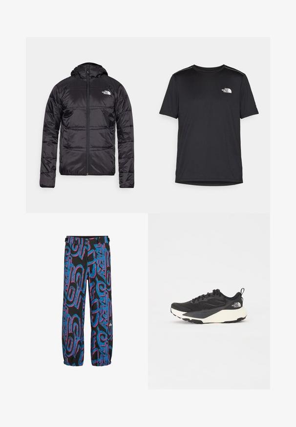 Crna zimska jakna s kapuljačom, kvačena dizajn, zatvaranje na zip, i logo North Face na lijevoj strani prsa. Napravljena od laganog, sjajnog materijala.; Crna majica kratkih rukava izrađena od lagane tkanine. Ima mali bijeli logo na lijevoj strani grudi i suptilne naglaske na ramenima.; Crne hlače s živopisnim plavim i ružičastim apstraktnim uzorcima. Imaju elastične manžete i pojas s dva podesiva remena i gumbićima.; Crne atletske tenisice s teksturiranim mrežastim gornjim dijelom, solidnim crnim detaljima i laganom bijelom potplatom. Sadrži vezanje čipkom i trakicu za povlačenje.