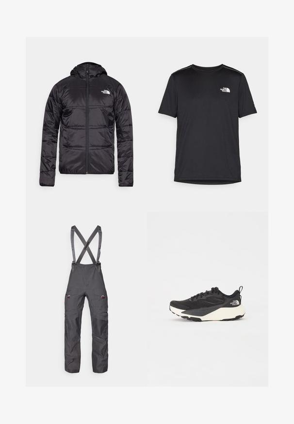 Black puffer jacket with a hood, quilted design, zipper closure, and the North Face logo on the left chest. Made from lightweight, shiny material.; Black short-sleeve T-shirt made from lightweight fabric. Features a small white logo on the left chest and subtle shoulder accents.; Gray insulated overalls with adjustable suspenders, multiple pockets, and reinforced knees, featuring a smooth, durable fabric texture.; Black athletic shoe with textured mesh upper, solid black accents, and white lightweight outsole. Features lace-up closure and pull tab.