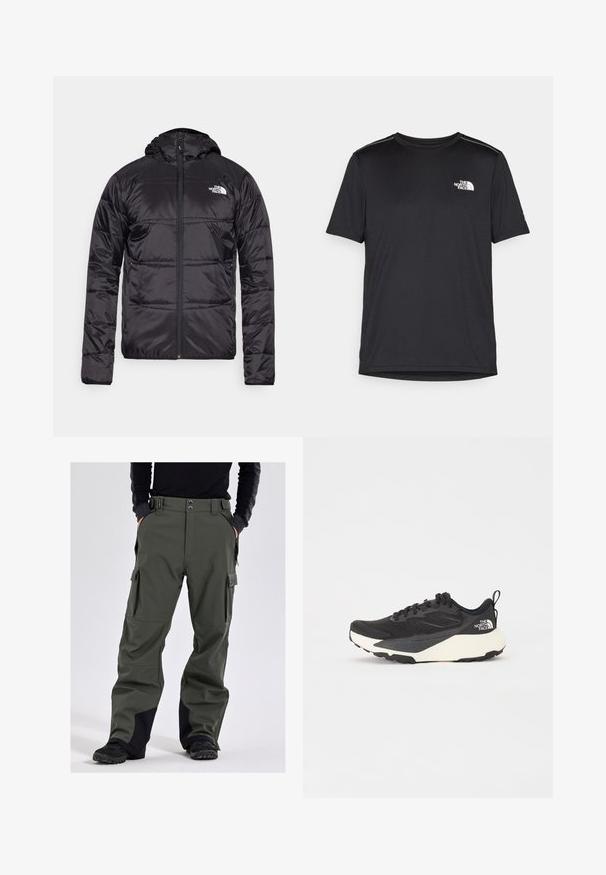 Zwarte pufferjack met een capuchon, gewatteerd ontwerp, ritsluiting en het North Face-logo op de linkerkant van de borst. Gemaakt van lichtgewicht, glanzend materiaal.; Zwarte T-shirt met korte mouwen, gemaakt van lichtgewicht stof. Bevat een klein wit logo op de linkerborst en verfijnde schouderaccenten.; Slade COLORADO - Snowboardbroek - olive; Zwarte sportieve schoen met een gestructureerde mesh bovenkant, solide zwarte accenten en een lichte witte buitenzool. Voorzien van vetersluiting en een treklus.