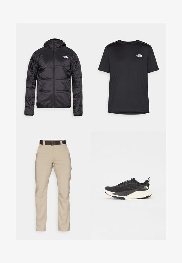 Črna puff jakna s kapuco, prešita zasnova, zadrga in logotip The North Face na levem prsnem delu. Narejena iz lahkega, sijočega materiala.; Črna kratkosleevena majica iz lahkotnega materiala. Ima majhen bel logo na levem prsnem delu in diskretne poudarke na ramenskem predelu.; Beige cargo hlače z več žepi, črn obrobljiv pas in ravni kroj. Narejene iz lahkega, trpežnega materiala.; Črne atletske čevlje z mrežastim zgornjim delom z teksturo, trdnimi črnimi detajli in lahkim belim podplatom. Imajo vezalni sistem in zanko za pomoč pri obuvanju.