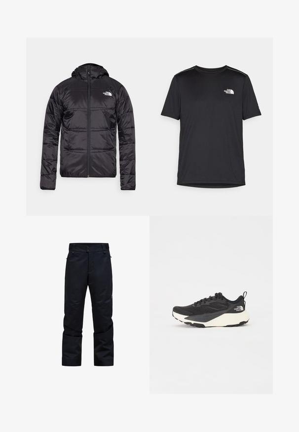 Melnā pūkšķu jaka ar kapuci, ar izšūtu dizainu, ar rāvējslēdzēja aizdari un North Face logotipu uz kreisā krūškurvja. Izgatavota no viegla, spīdīga materiāla.; Melnas īsām piedurknēm T-kreklas, izgatavots no viegla auduma. Uz kreisā krūtīm ir neliels balts logo un smalki plecu akcenti.; Melnas ūdensizturīgas bikses ar taisnu griezumu, diviem pogu aizdari, ar rāvējslēdzējiem kabatām un regulējamu jostasvietu. Satur gludu, izturīgu audumu.; Melna sporta kurpe ar teksturētu acs augšdaļu, cietiem melniem akcentiem un balto vieglo zoli. Iekļauj šņorēšanas aizdari un vilkšanas cilpu.