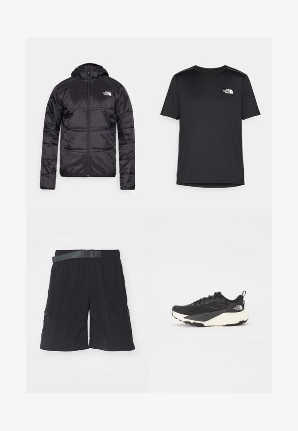 Melnā pūkšķu jaka ar kapuci, ar izšūtu dizainu, ar rāvējslēdzēja aizdari un North Face logotipu uz kreisā krūškurvja. Izgatavota no viegla, spīdīga materiāla.; Melnas īsām piedurknēm T-kreklas, izgatavots no viegla auduma. Uz kreisā krūtīm ir neliels balts logo un smalki plecu akcenti.; Melni kravas šorti, kas izgatavoti no viegla auduma, ar elastīgu jostasvietu un jostu, sānu kabatām un gludu tekstūru.; Melna sporta kurpe ar teksturētu acs augšdaļu, cietiem melniem akcentiem un balto vieglo zoli. Iekļauj šņorēšanas aizdari un vilkšanas cilpu.
