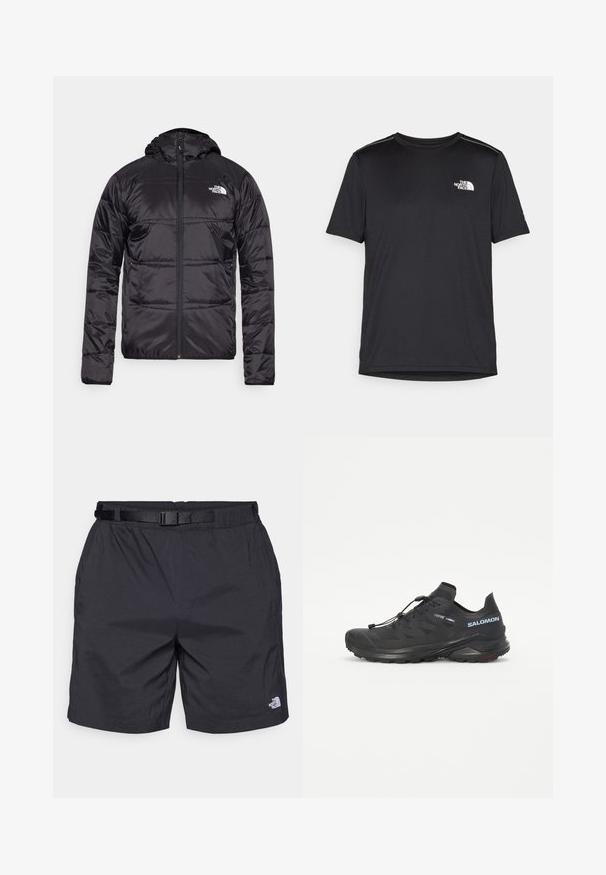 Svart dunjakke med hette, quiltet design, glidelås og North Face-logo på venstre bryst. Laget av lett, skinnende materiale.; Svart kortermet T-skjorte laget av lett materiale. Har en liten hvit logo på venstre bryst og subtile skulderdetaljer.; Sorte lette shorts med en avslappet passform, som har et justerbart belte, sidelommer og North Face-logoen på nederste høyre ben.; Svart trail-løpesko med teksturert overdel, elastiske lisser og Contagrip yttersåle. Har en tett passform og beskyttende tåhette.