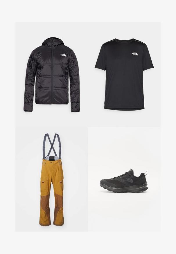Musta puhvjakas kapuutsiga, tikandeid sisaldava disainiga, lukuga ning vasakul rinnal North Face'i logo. Valmistatud kergest, läikivast materjalist.; Must mustaöödiga must T-särk, mis on valmistatud kerge riidekanga. Esiküljel on vasakul rinnal väike valge logo ning õlgadel on peened aktsendid.; Klättermusen BRAGE SALOPETTE - Suusapüksid - mustard; Must use õhku läbilaskvat võrku ülemise ja kummist välispõhjaga mustad atleetijalatsid, millel on polsterdatud kaelus. Omab nööre, logo küljel ja tekstuurset disaini.