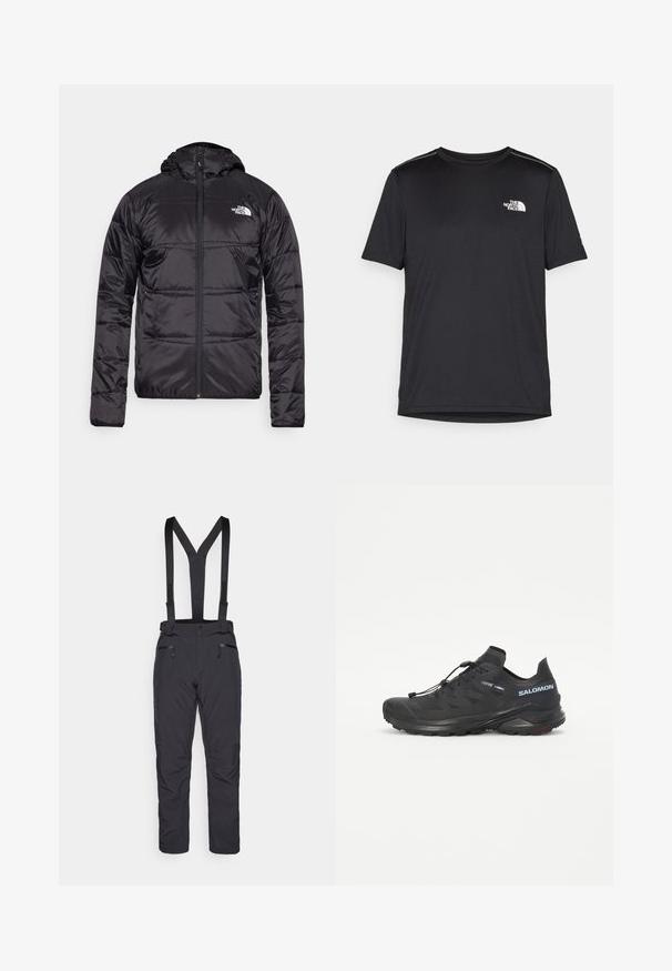Svart puffjacka med huva, kviltad design, dragkedjestängning och North Face-logga på vänster bröst. Tillverkad av lätt, glänsande material.; Svart kortärmad T-shirt i lättviktig tyg. Har en liten vit logotyp på vänster bröst och subtila axeltoner.; Svarta skidbyxor med justerbara axelremmar, två framfickor med dragkedja och en slim fit-design. Tillverkade av hållbart, vattenavvisande material.; Svart terränglöparskor med en texturerad överdel, elastiska snören och Contagrip-sula. Har en snug passform och skyddande tåkappa.