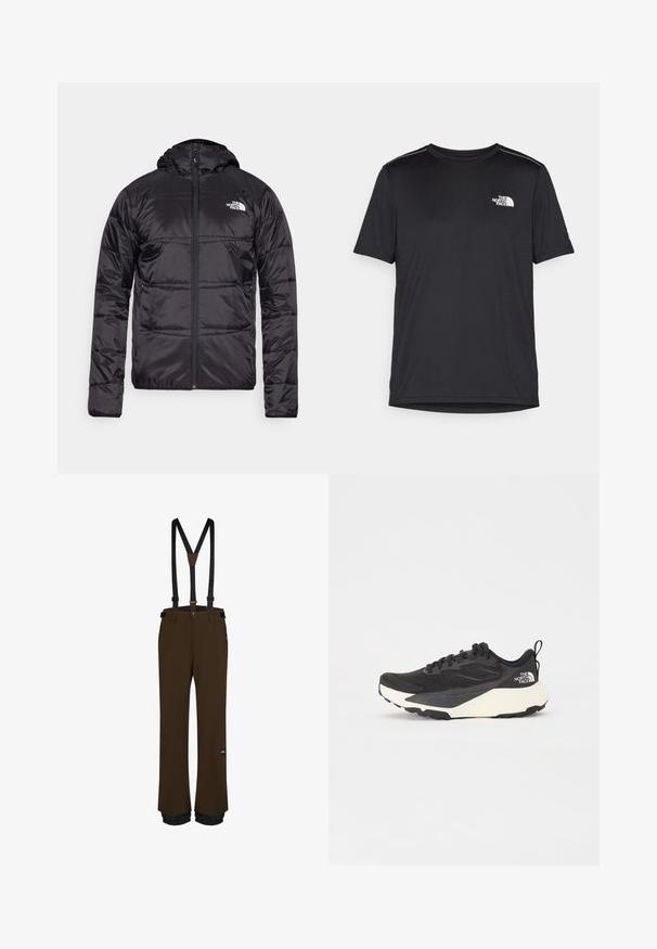 Musta puhvjakas kapuutsiga, tikandeid sisaldava disainiga, lukuga ning vasakul rinnal North Face'i logo. Valmistatud kergest, läikivast materjalist.; Must mustaöödiga must T-särk, mis on valmistatud kerge riidekanga. Esiküljel on vasakul rinnal väike valge logo ning õlgadel on peened aktsendid.; Pruunid lumelauapüksid, millel on reguleeritavad mustad kinnitusrihmad, lukuga taskud, tugevdatud servad ja logo silti reie peal.; Must have musta sportlik king, millel on tekstureeritud võrgu ülemine osa, soliidne mustade aktsentidega ja kerge valge tallaga. Omab kinnituspaelu ja tõmbeaset.