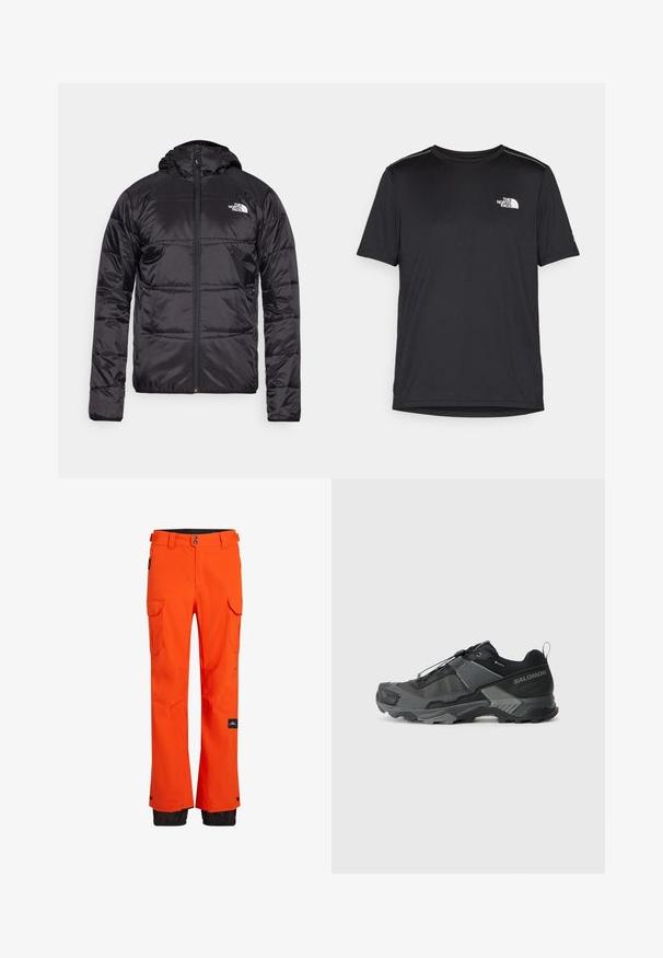 Schwarze Daunenjacke mit Kapuze, gestepptem Design, Reißverschluss und dem North Face-Logo auf der linken Brust. Hergestellt aus leichtem, glänzendem Material.; Schwarzes T-Shirt mit kurzen Ärmeln aus leichtem Stoff. Mit einem kleinen weißen Logo auf der linken Brust und dezenten Akzenten an den Schultern.; Orange Skihosen aus wasserabweisendem Material mit mehreren Cargo-Taschen und schwarzen Akzenten am unteren Teil für mehr Haltbarkeit.; Schwarzer Trailrunning-Schuh mit einem robusten Mesh-Obermaterial, verstärkter Zehenkappe, strukturierten Gummisohle und elastischem Schnürsystem für einen sicheren Sitz.