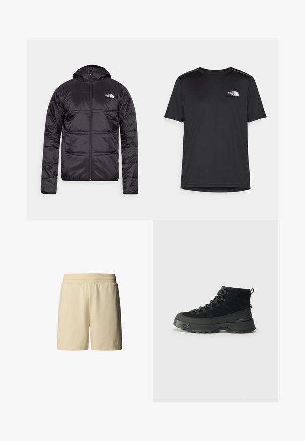 Giubbotto a vento nero con cappuccio, design trapuntato, chiusura con zip e logo The North Face sul lato sinistro del petto. Realizzato in materiale leggero e lucido.; T-shirt nero a maniche corte realizzata in tessuto leggero. Presenta un piccolo logo bianco sul lato sinistro del petto e delicati dettagli sulle spalle.; Pantaloni corti beige chiaro in morbido cotone, con vita elastica e un design casual senza tasche visibili o motivi.; Scarpa da trekking nera con tomaia in suede, suola in gomma resistente e occhielli rinforzati per i lacci. Presenta un'etichetta sul retro per indossarla facilmente.