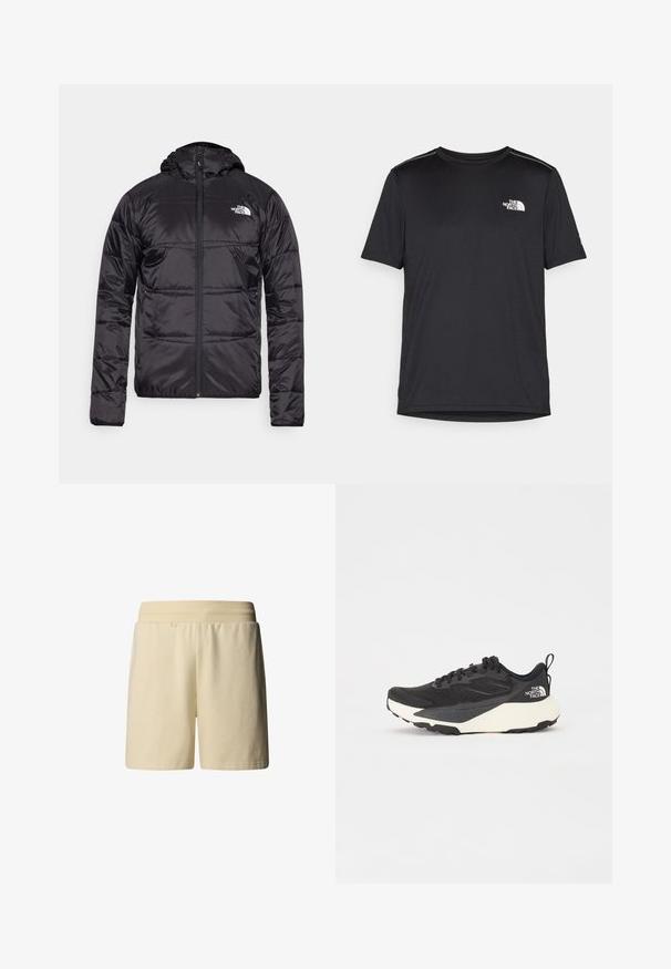 Zwarte pufferjack met een capuchon, gewatteerd ontwerp, ritsluiting en het North Face-logo op de linkerkant van de borst. Gemaakt van lichtgewicht, glanzend materiaal.; Zwarte T-shirt met korte mouwen, gemaakt van lichtgewicht stof. Bevat een klein wit logo op de linkerborst en verfijnde schouderaccenten.; Lichtbeige shorts van zachte katoen, met een elastische tailleband en een casual ontwerp zonder zichtbare zakken of patronen.; Zwarte sportieve schoen met een gestructureerde mesh bovenkant, solide zwarte accenten en een lichte witte buitenzool. Voorzien van vetersluiting en een treklus.