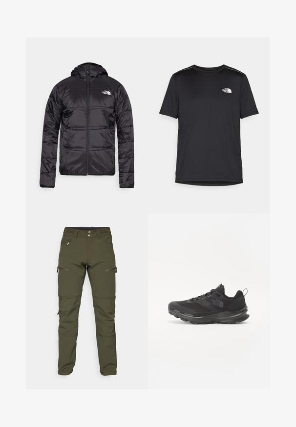 Črna puff jakna s kapuco, prešita zasnova, zadrga in logotip The North Face na levem prsnem delu. Narejena iz lahkega, sijočega materiala.; Črna kratkosleevena majica iz lahkotnega materiala. Ima majhen bel logo na levem prsnem delu in diskretne poudarke na ramenskem predelu.; Olivno zeleni hlače iz raztegljive tkanine. Imajo dva zadrževa na stranskih žepih in šive na kolenih za večjo fleksibilnost. Prilagojen dizajn z gladko teksturo.; Črne športne čevlje z mrežastim zgornjim delom, gumijastim podplatom in oblazinjenim ovratnikom. Imajo vezalke, logo na strani in strukturiran dizajn.