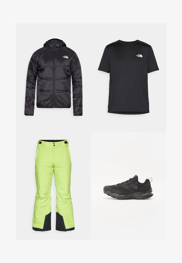 Černá pufrová bunda s kapucí, prošívaný design, zapínání na zip a logo North Face na levé části hrudi. Vyrobena z lehkého, lesklého materiálu.; Černé tričko s krátkým rukávem vyrobené z lehkého materiálu. Má malé bílé logo na levé části hrudi a decentní akcenty na ramenech.; Světlé limetkově zelené lyžařské kalhoty s hladkým povrchem, s černými akcenty na manžetách a zapínáním na knoflík na pase.; Černá sportovní bota s prodyšným svrškem, gumovou podrážkou a polstrovaným límcem. Obsahuje tkaničky, logo na boku a strukturovaný design.
