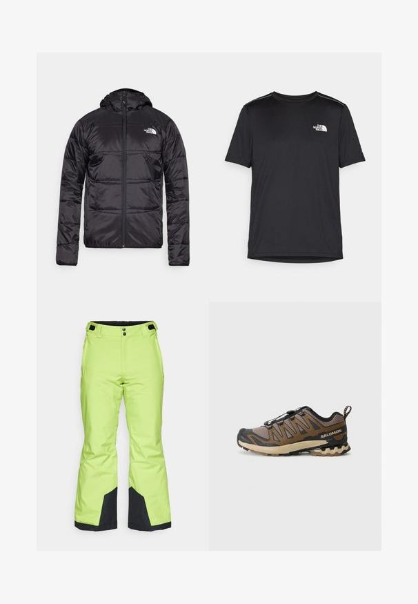 Jachetă puffer neagră cu glugă, design matlasat, închidere cu fermoar și logo-ul The North Face pe pieptul stâng. Fabricată dintr-un material ușor și lucios.; Tricou negru cu mânecă scurtă, realizat dintr-un material ușor. Prezintă un mic logo alb pe pieptul stâng și accente subtile pe umeri.; Pantaloni de schi verzi luminoși, cu o textură netedă, prezentând accente negre la mansete și o închidere cu nasture la talie.; Pantofii sport negri și maronii au un aspect modern, cu un superior din plasă, vârf din cauciuc și o talpă texturată. Dispun de un sistem de împletire rapidă și guler căptușit.