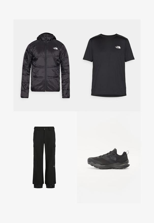Černá pufrová bunda s kapucí, prošívaný design, zapínání na zip a logo North Face na levé části hrudi. Vyrobena z lehkého, lesklého materiálu.; Černé tričko s krátkým rukávem vyrobené z lehkého materiálu. Má malé bílé logo na levé části hrudi a decentní akcenty na ramenech.; Černé cargo kalhoty s volným střihem, vyrobené z odolné tkaniny. Mezi rysy patří kapsy na zip, elastické manžety a nášivka s logem.; Černá sportovní bota s prodyšným svrškem, gumovou podrážkou a polstrovaným límcem. Obsahuje tkaničky, logo na boku a strukturovaný design.
