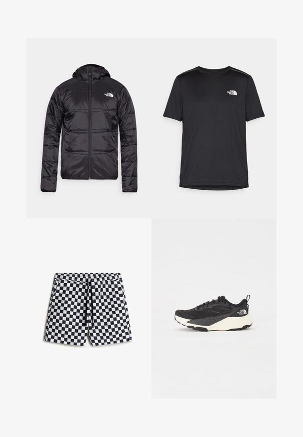 Giubbotto a vento nero con cappuccio, design trapuntato, chiusura con zip e logo The North Face sul lato sinistro del petto. Realizzato in materiale leggero e lucido.; T-shirt nero a maniche corte realizzata in tessuto leggero. Presenta un piccolo logo bianco sul lato sinistro del petto e delicati dettagli sulle spalle.; Costumi da bagno a scacchi bianco e nero con vita elastica, cordoncino e tasche laterali, realizzati in un tessuto leggero e morbido.; Scarpa da allenamento nera con tomaia in mesh testurizzato, dettagli neri solidi e suola leggera bianca. Presenta chiusura con lacci e un tab di pull.