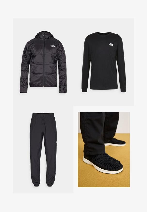 Chaqueta acolchada negra con capucha, diseño acolchado, cierre de cremallera y el logo de The North Face en el lado izquierdo del pecho. Fabricada con material ligero y brillante.; Camiseta de manga larga negra hecha de algodón, con un logo blanco en el lado izquierdo del pecho y puños de canalé. Textura suave con un cuello redondo.; Pantalones deportivos negros hechos de un tejido ligero, con una cinturilla ajustable, bolsillos laterales y puños ajustados en los tobillos.; Zapatilla negra con parte superior de tela trenzada, punta redonda y suela blanca. Sistema de cordones en la parte superior y textura detallada a lo largo del cuerpo.
