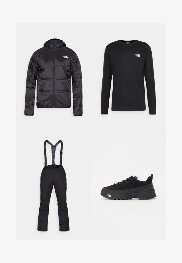 Casaco puffer preto com capuz, design acolchoado, encerramento com fecho zip e o logótipo da North Face no lado esquerdo do peito. Feito de material leve e brilhante.; Camisola de manga longa preta feita de algodão, com um logo branco no lado esquerdo do peito e punhos canelados. Textura suave com decote redondo.; Calças de neve pretas com suspensórios cinzentos ajustáveis, apresentando uma textura suave, bolsos com zíper e painéis reforçados na parte inferior das pernas.; Sapatilha de exterior preta com parte superior em camurça, sola de borracha texturizada e sistema de atacadores robusto. Apresenta um calcanhar reforçado e o logótipo da marca na lateral.