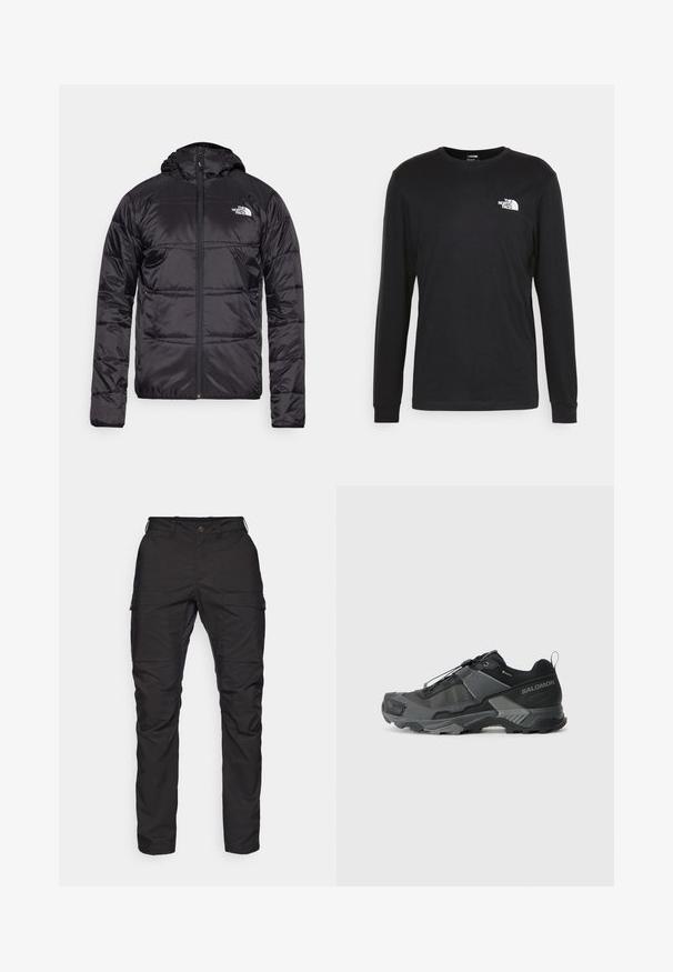 Melnā pūkšķu jaka ar kapuci, ar izšūtu dizainu, ar rāvējslēdzēja aizdari un North Face logotipu uz kreisā krūškurvja. Izgatavota no viegla, spīdīga materiāla.; Melnā garenā piedurkņu T-kreklā, kas izgatavots no kokvilnas, kreklā ir balts logo uz kreisā krūšu laukuma un ribotās aproces. Tam ir gluda tekstūra un apaļa izgriezuma forma.; Melnas cargo bikses, kas izgatavotas no izturīga auduma, ar divām sānu kabatām, pogu aizdari un sašaurinātiem galiem, ar gludu tekstūru.; Melnas taku skriešanas kurpes ar izturīgu sieta augšdaļu, pastiprinātu purngala daļu, teksturētu gumijas zoli un elastīgu šņorēšanas sistēmu drošai piegulšanai.