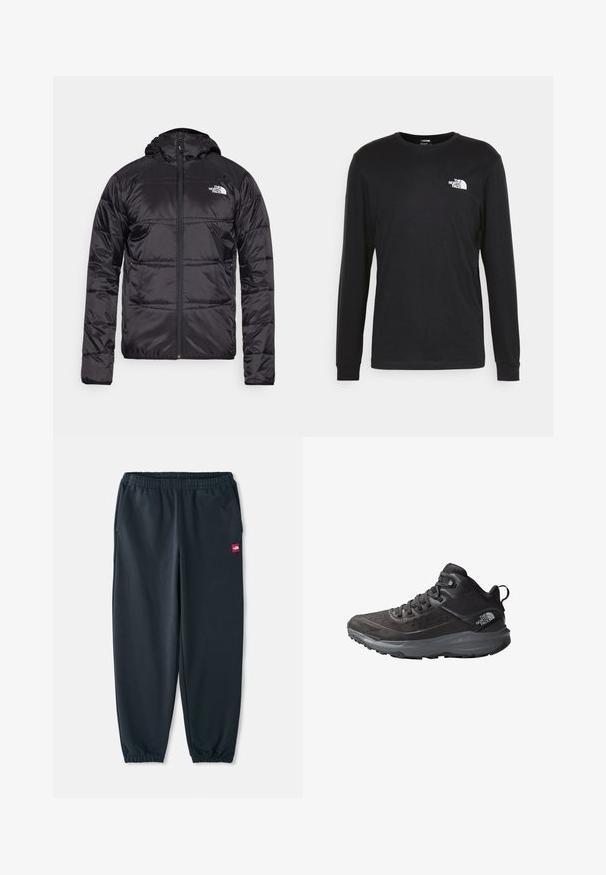 Czarna kurtka puchowa z kapturem, pikowana, z zamkiem błyskawicznym oraz logo The North Face na lewej piersi. Wykonana z lekkiego, błyszczącego materiału.; Czarny longsleeve t-shirt wykonany z bawełny, z białym logo na lewej piersi i ściągaczami przy nadgarstkach. Gładka faktura z okrągłym dekoltem.; Czarne spodnie dresowe z gładkiego materiału, z elastycznym paskiem w talii, ściągaczami przy kostkach oraz małą czerwoną naszywką z logo z boku.; Czarne buty trekkingowe z fakturowaną cholewką, wzmocnionym noskiem i szarym outsolem. Charakteryzują się sznurowanym zapięciem i wyściełanym kołnierzem wokół kostki.