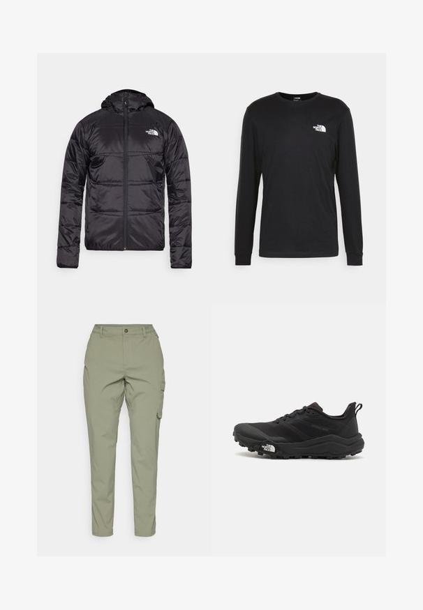 Juodas pūkinis švarkas su gobtuvu, siuvinėta konstrukcija, užtrauktuko uždarymas ir "The North Face" logotipas kairėje krūtinės pusėje. Pagamintas iš lengvos, blizgios medžiagos.; Juoda džemperis ilgomis rankovėmis, pagamintas iš medvilnės, su baltu logotipu kairėje krūtinės pusėje ir pūstomis rankogaliais. Lygus paviršius su apykakle.; Šviesiai alyvuogių žalios spalvos cargo kelnės su tiesiu apdirbimu, priekyje mygtukų uždarymas ir šoninės kišenės funkcionalumui. Lygus, patvarus audinys.; Juoda bėgimo batai su tekstūruotu paviršiumi, guma padais ir sustiprinta pirštų dalimi. Yra paminkštinta apykaklė ir kilpos, leidžiančios lengvai užsidėti.